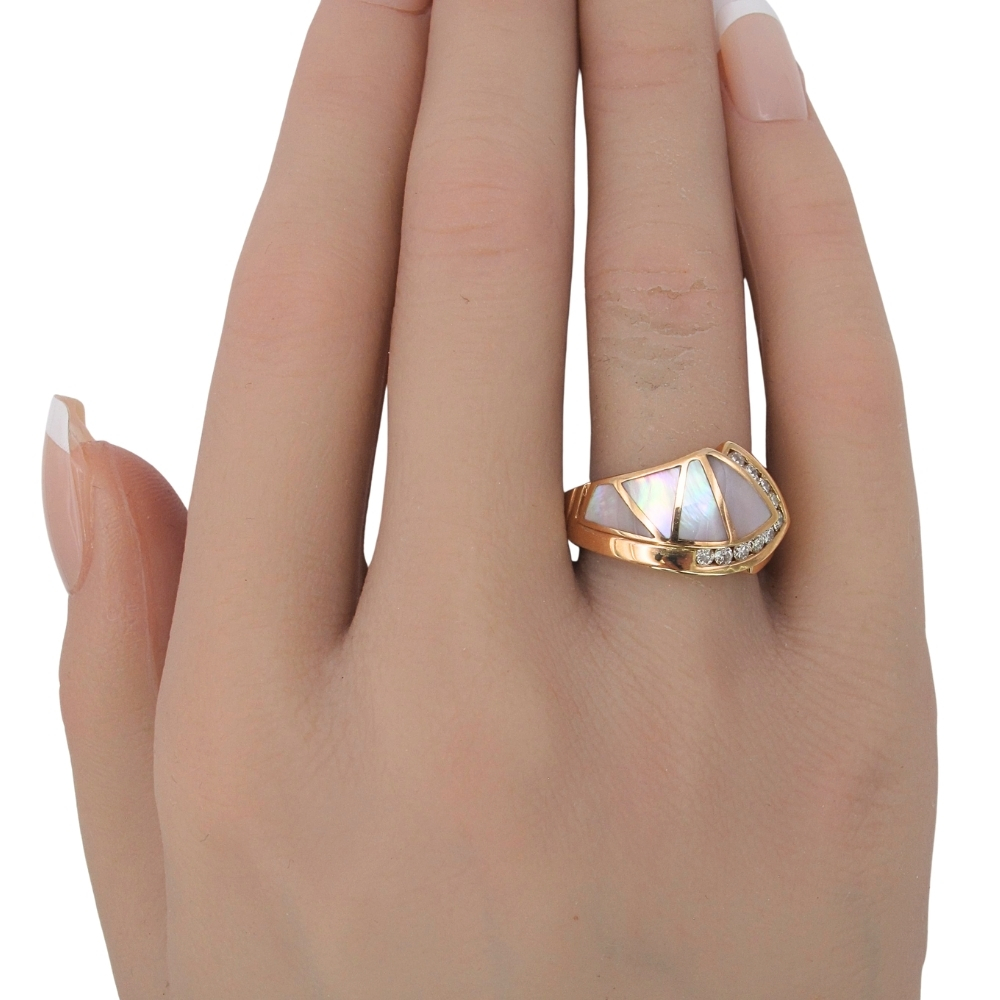 Mother of Pearl Inlay Ring 14K Rose Gold worn Mother of Pearl Inlay Ring 14K Rose Gold worn
