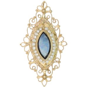 Opal, Onyx & Seed Pearl Victorian Revival Pendant 14K Gold