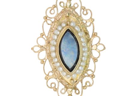Opal, Onyx & Seed Pearl Victorian Revival Pendant 14K Gold