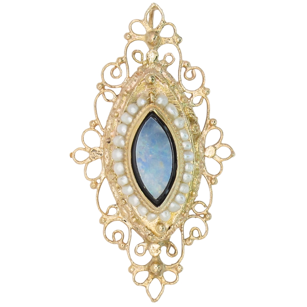 Opal, Onyx & Seed Pearl Victorian Revival Pendant 14K Gold Opal, Onyx & Seed Pearl Victorian Revival Pendant 14K Gold