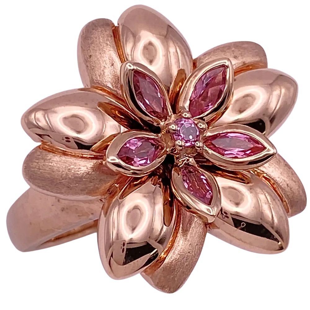 Pink Tourmaline Large Flower Ring 14K Rose Gold Angled Pink Tourmaline Large Flower Ring 14K Rose Gold Angled