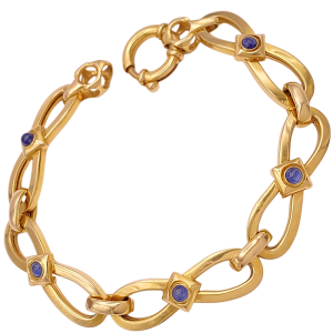 Sapphire Cabochon Accent Chunky Bracelet 14K Yellow Gold Front