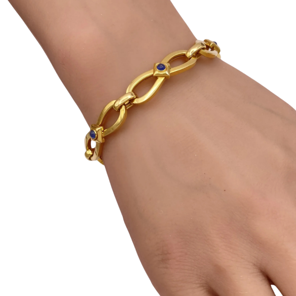 Sapphire Cabochon Accent Chunky Bracelet 14K Yellow Gold Modeled