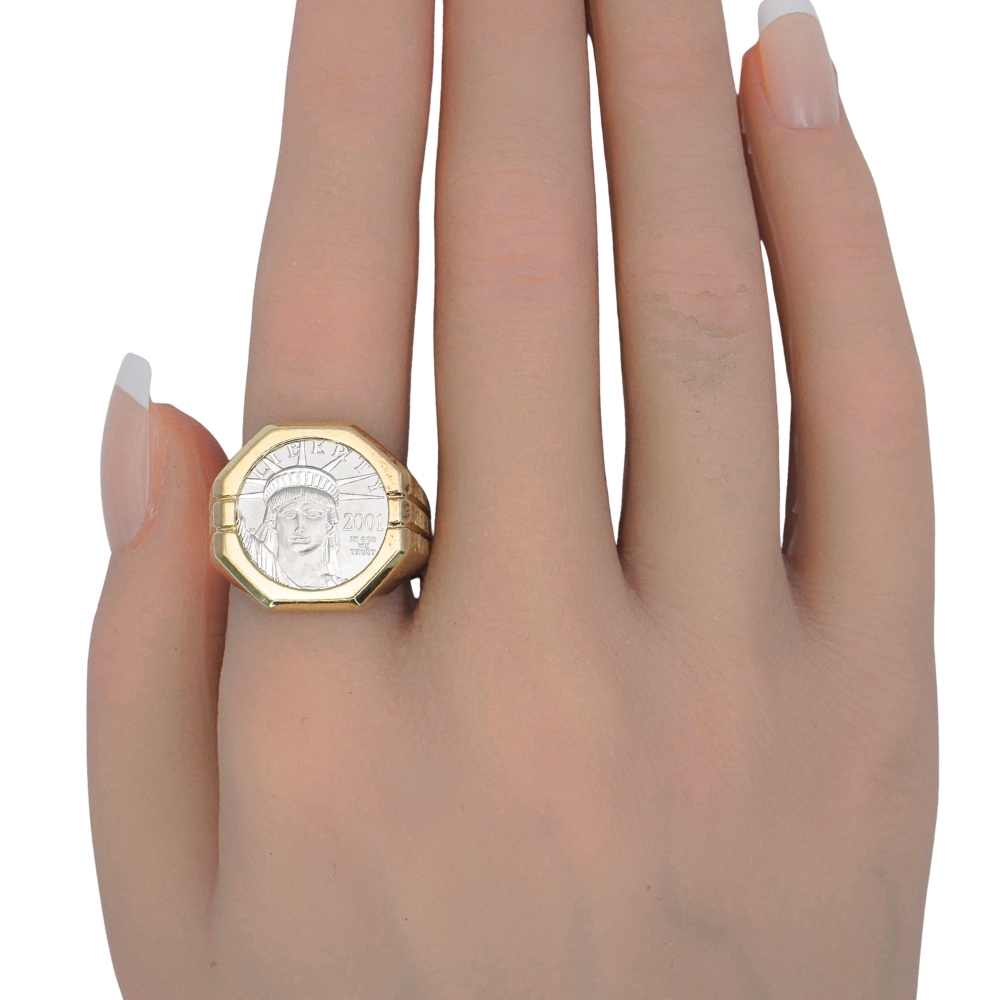 US Platinum 2001 Coin Ring in 14K Gold worn US Platinum 2001 Coin Ring in 14K Gold worn