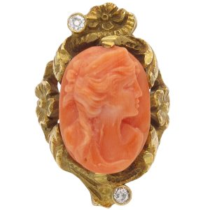 Victorian Art Nouveau Coral Cameo Ring 10K Gold