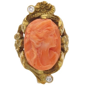 Victorian Art Nouveau Coral Cameo Ring 10K Gold