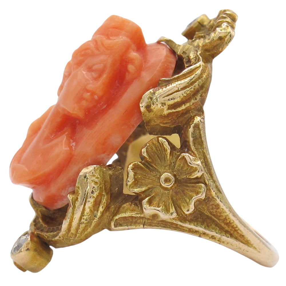 Victorian Art Nouveau Coral Cameo Ring 10K Gold side with face Victorian Art Nouveau Coral Cameo Ring 10K Gold side with face