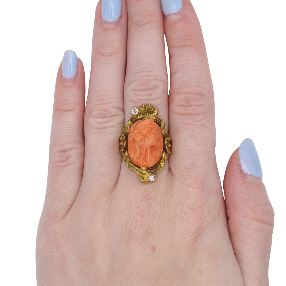 Victorian Art Nouveau Coral Cameo Ring 10K Gold worn Victorian Art Nouveau Coral Cameo Ring 10K Gold worn