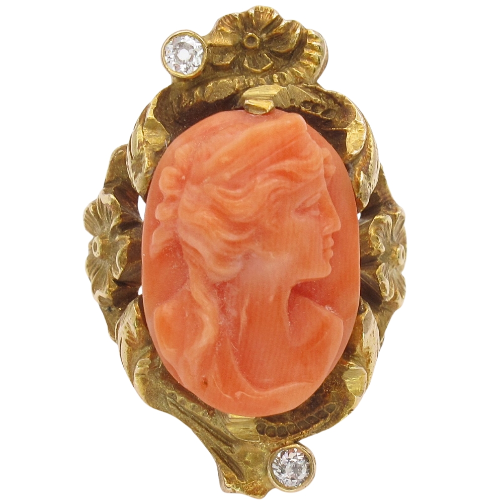 Victorian Art Nouveau Coral Cameo Ring 10K Gold