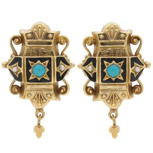 Victorian Era Earrings with Enamel & Turquoise in 14K Gold