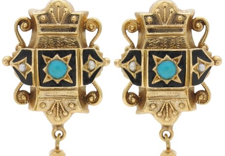 Victorian Era Earrings with Enamel & Turquoise in 14K Gold
