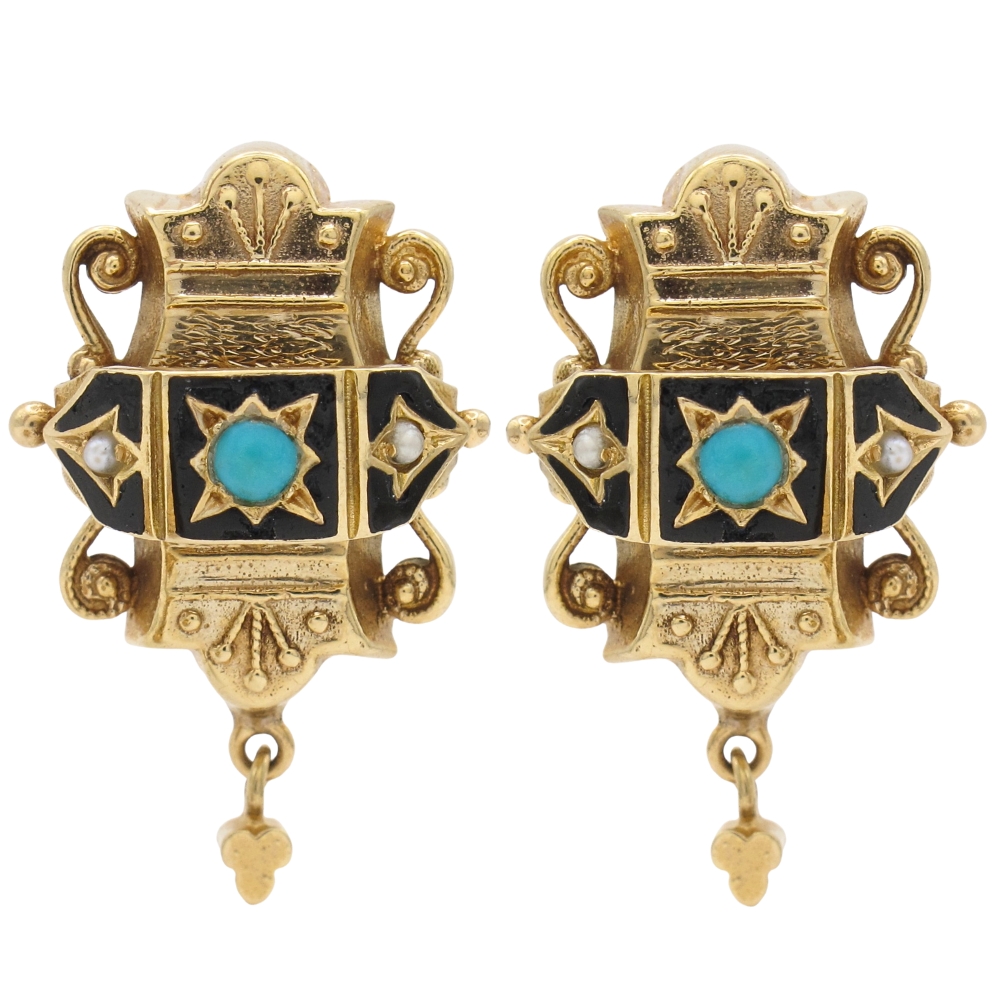 Victorian Era Earrings with Enamel & Turquoise in 14K Gold