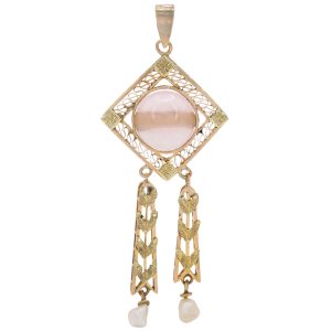 Victorian Rose Quartz Lavaliere Pendant 10K Gold