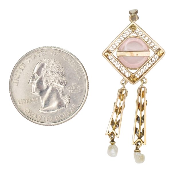 Victorian Rose Quartz Lavaliere Pendant 10K Gold back and size