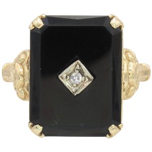 Vintage Onyx Ring with Diamond Accent 14K Gold