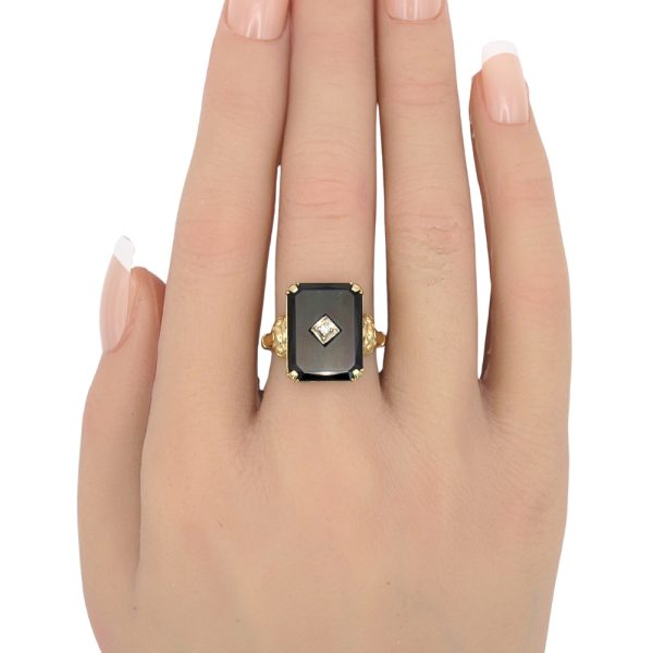 Vintage Onyx Ring with Diamond Accent 14K Gold worn