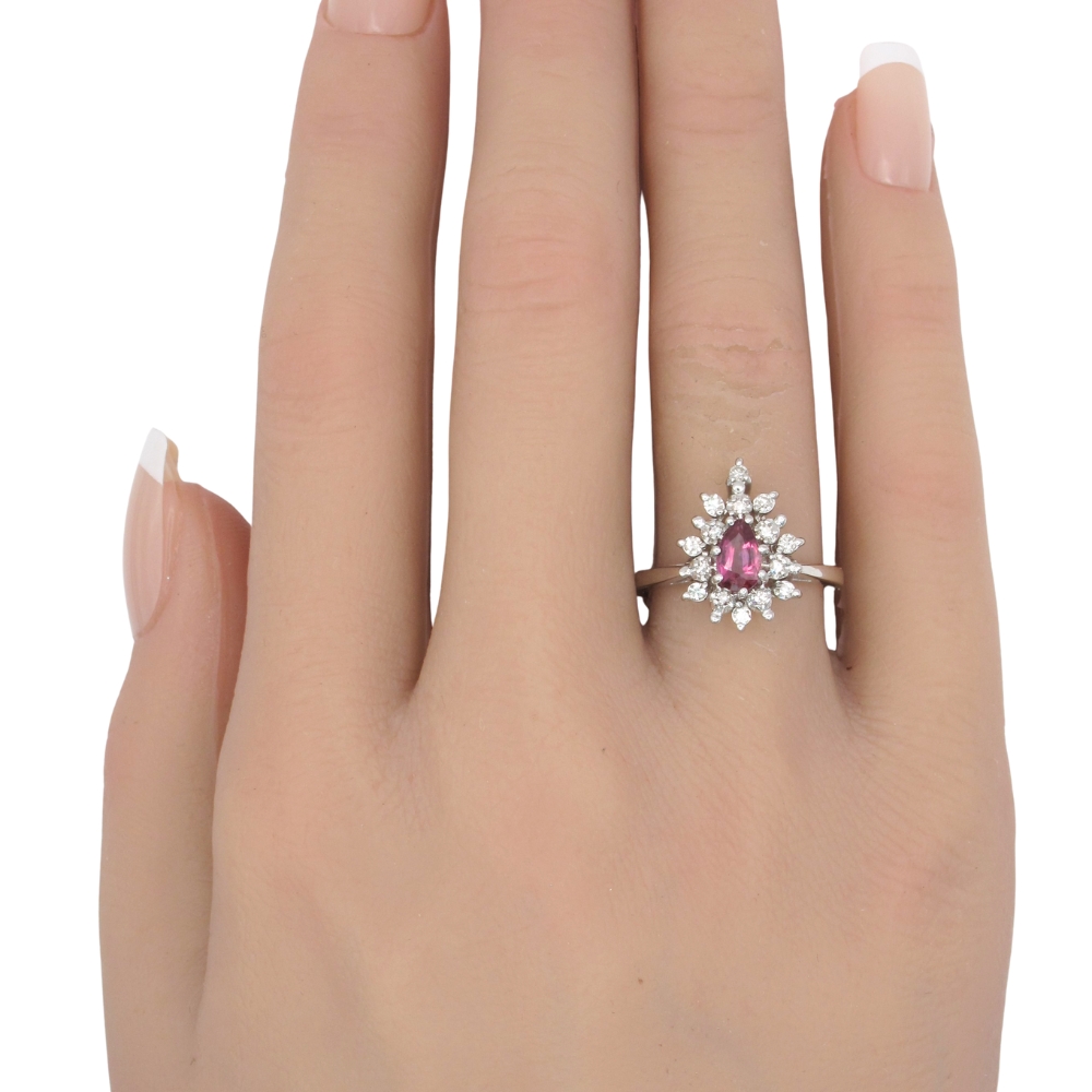 0.74ctw Ruby Ring with Diamond Halo 14K White Gold worn 0.74ctw Ruby Ring with Diamond Halo 14K White Gold worn