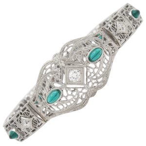 0.92ctw Diamond & Faux Emerald Art Deco Bracelet 14K White Gold