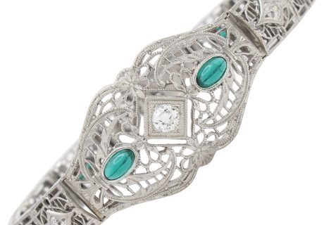 0.92ctw Diamond & Faux Emerald Art Deco Bracelet 14K White Gold