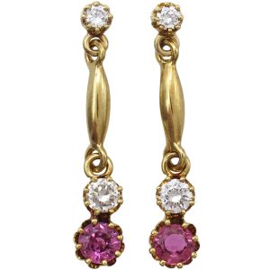 1.04ctw Ruby & Diamond Dangle Vintage Earring 14K Yellow Gold Front