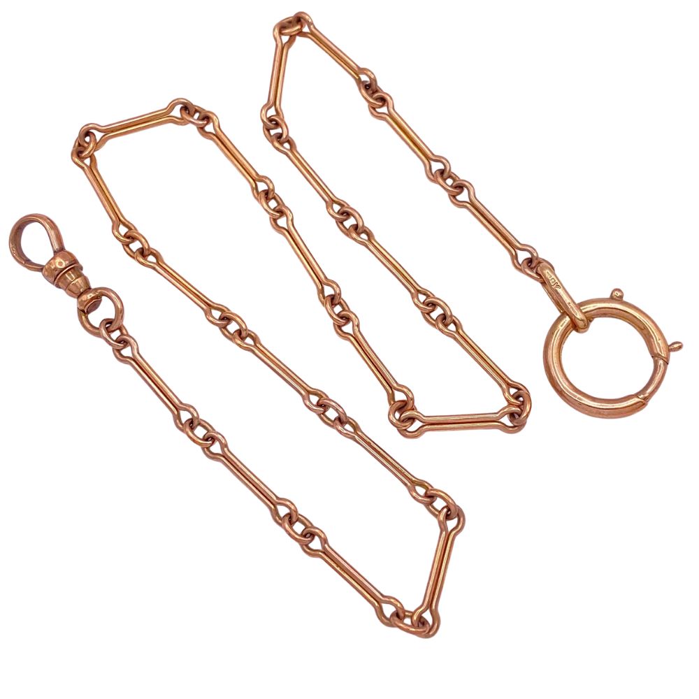 15 inch Victorian Watch Chain Necklace 10K Rose Gold lay out 15 inch Victorian Watch Chain Necklace 10K Rose Gold lay out