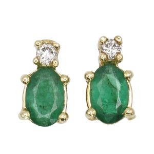 1ctw Natural Emerald & Diamond Stud Earring 14K Yellow Gold Front