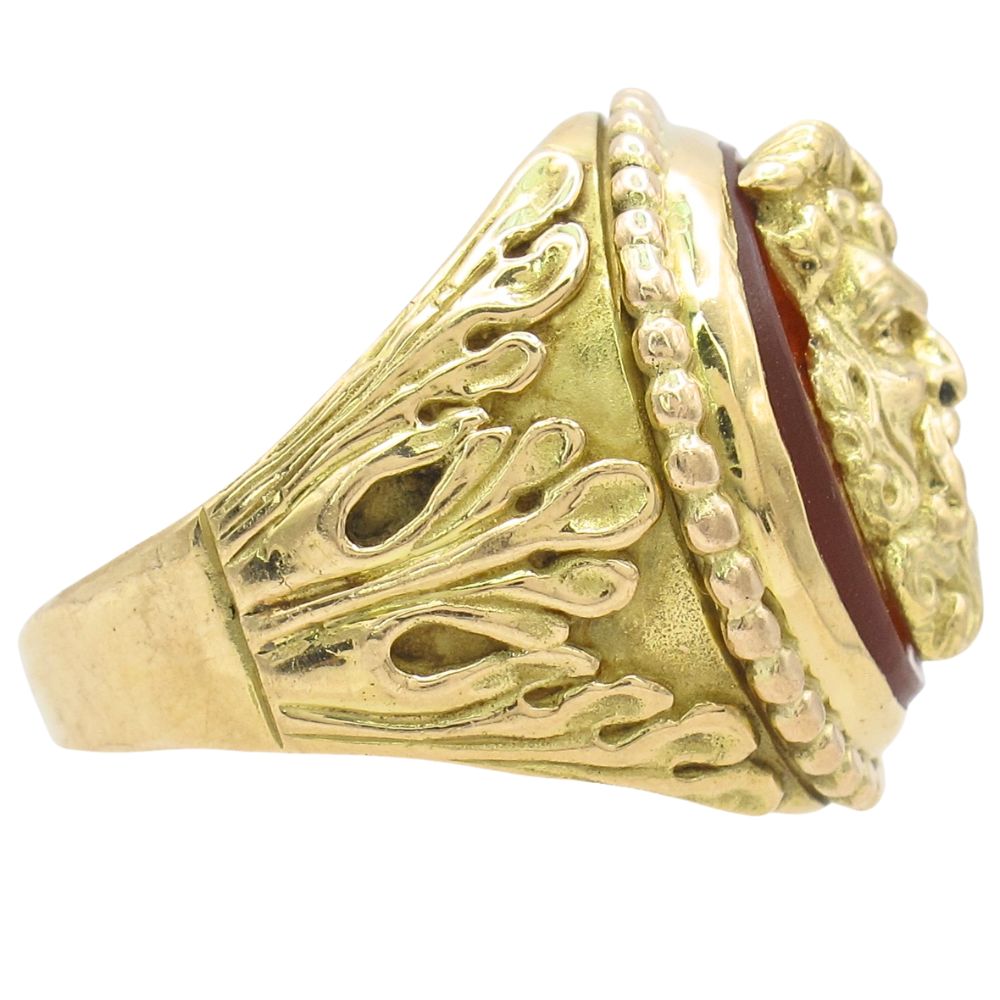 Carnelian Mythological Satyr Vintage Ring 18K Yellow Gold Side Detail Carnelian Mythological Satyr Vintage Ring 18K Yellow Gold Side Detail