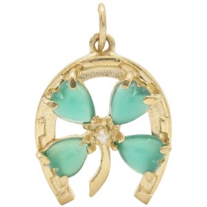 Chrysoprase Clover & Horseshoe Lucky Charm or Pendant 14K Gold
