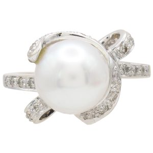 Cultured Pearl Ribbon Ring with Diamond Accents 18K White Gold