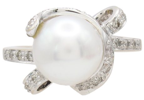 Cultured Pearl Ribbon Ring with Diamond Accents 18K White Gold