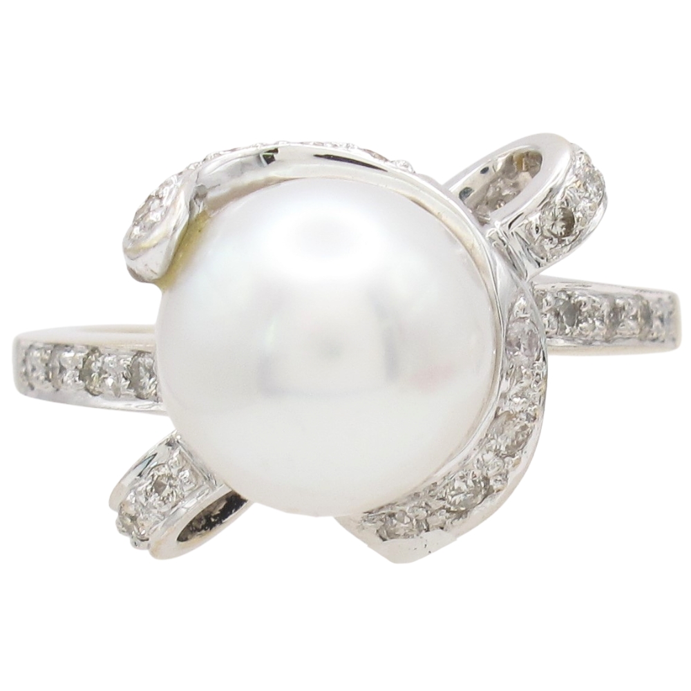 Cultured Pearl Ribbon Ring with Diamond Accents 18K White Gold