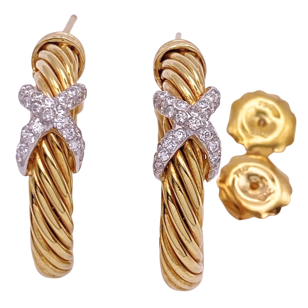 David Yurman 1.0ctw Diamond X Hoop Earrings 18K Gold front David Yurman 1.0ctw Diamond X Hoop Earrings 18K Gold front