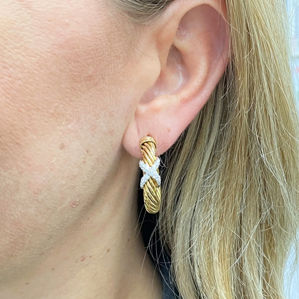 David Yurman 1.0ctw Diamond X Hoop Earrings 18K Gold worn David Yurman 1.0ctw Diamond X Hoop Earrings 18K Gold worn