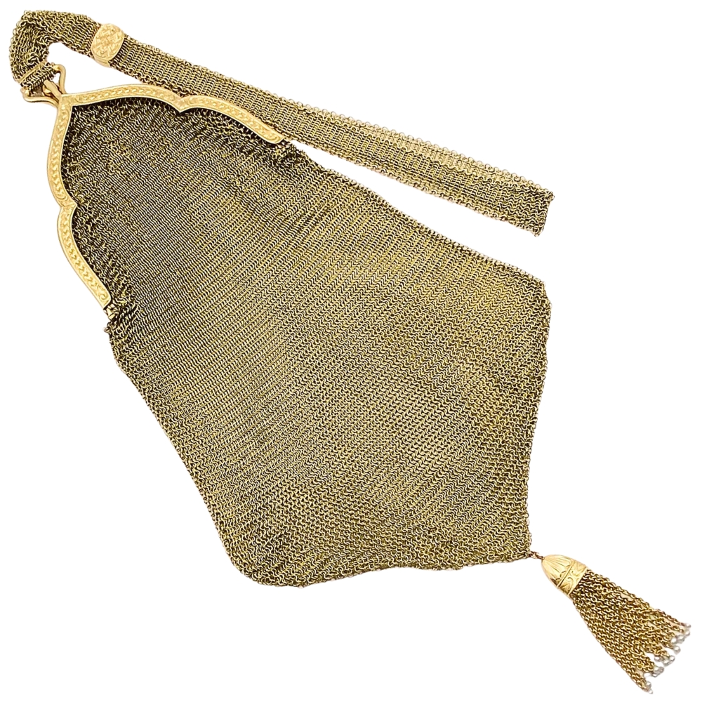 Edwardian Era Mesh Purse Wristlet with Sapphire Accent in 14K Gold back Edwardian Era Mesh Purse Wristlet with Sapphire Accent in 14K Gold back