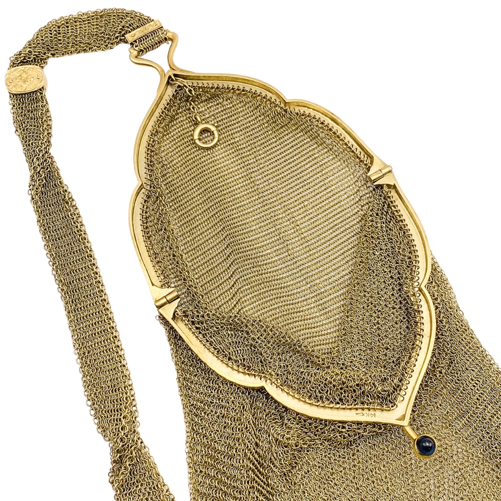Edwardian Era Mesh Purse Wristlet with Sapphire Accent in 14K Gold open Edwardian Era Mesh Purse Wristlet with Sapphire Accent in 14K Gold open