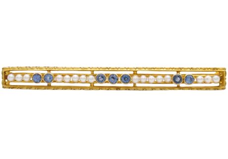 Edwardian Era Seed Pearl & Ceylon Sapphire Brooch Pin 14K Gold