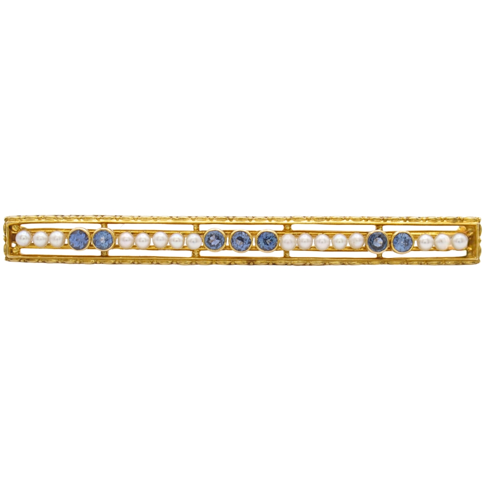 Edwardian Era Seed Pearl & Ceylon Sapphire Brooch Pin 14K Gold