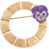 Enameled Pansy Flower Circle Brooch 14K Gold