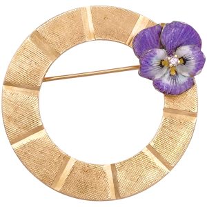 Enameled Pansy Flower Circle Brooch 14K Gold