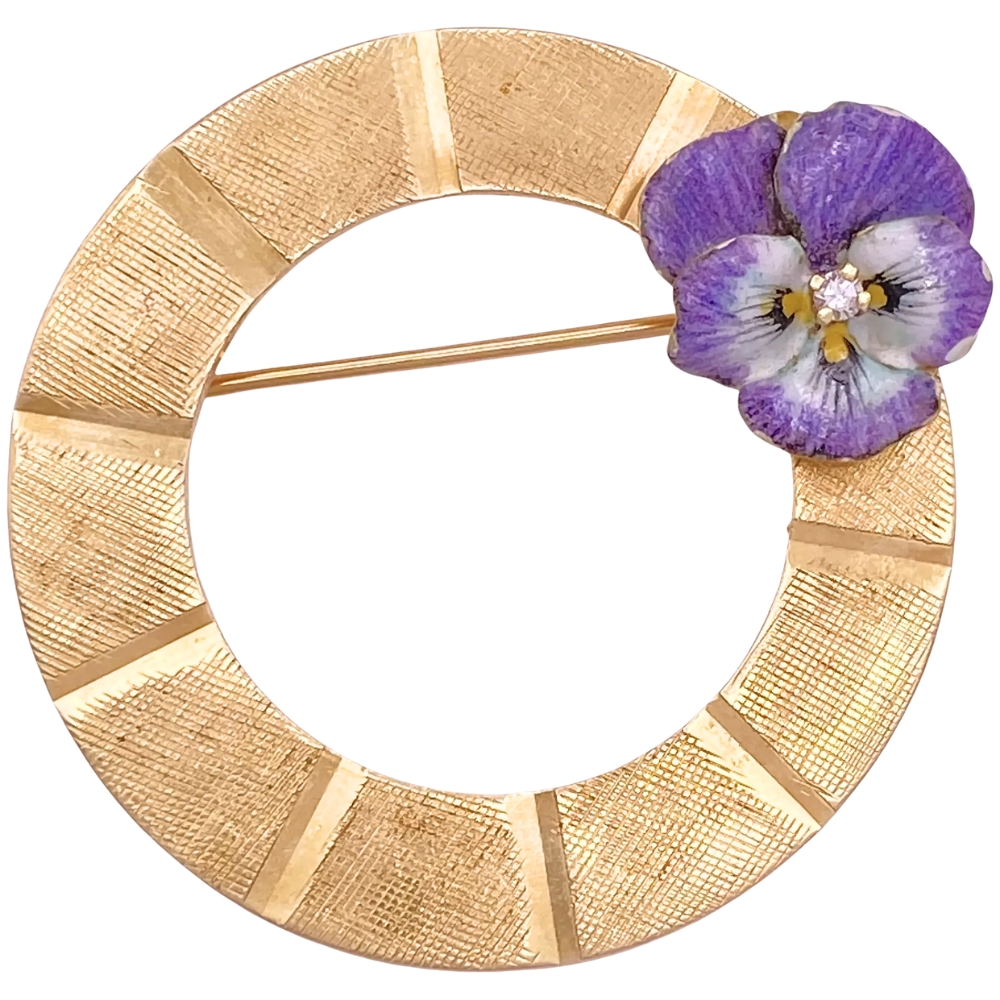 Enameled Pansy Flower Circle Brooch 14K Gold Enameled Pansy Flower Circle Brooch 14K Gold