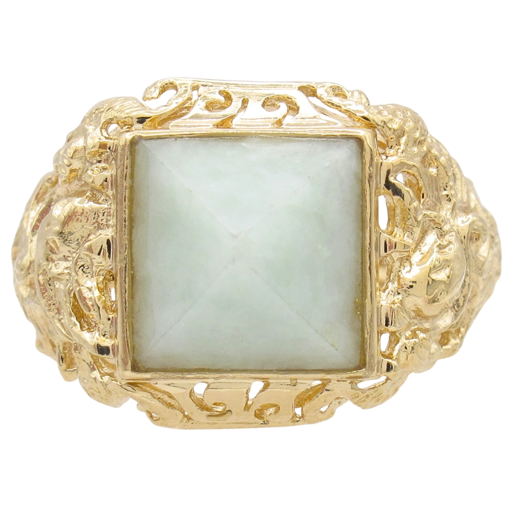 Jade Pyramid Ring with Dragon Details in 14K Gold
