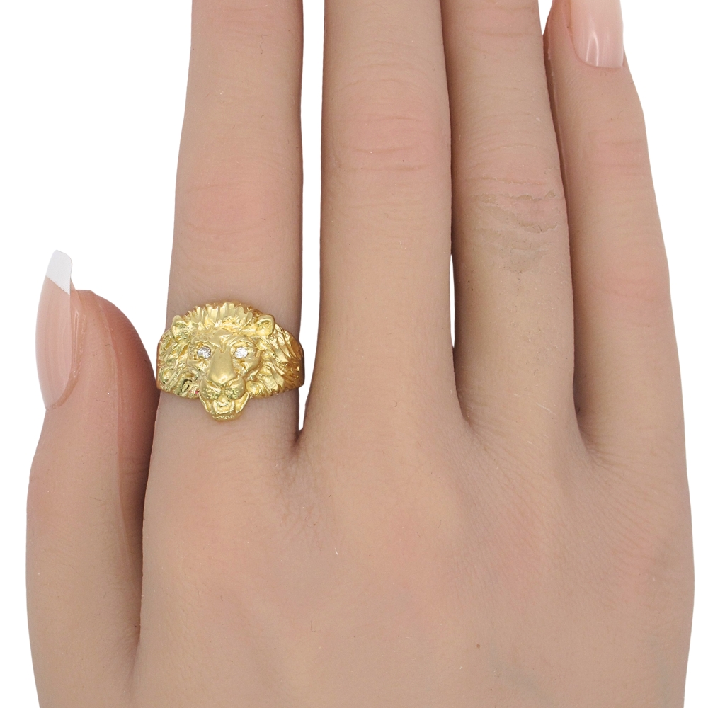 Lion's Head Ring with Diamond Eyes in 14K Gold worn Lion's Head Ring with Diamond Eyes in 14K Gold worn