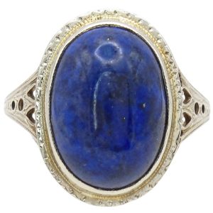 Oval Lapis Lazuli Ornate Art Deco Ring 14K Two Tone Gold Front