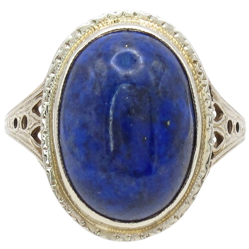 Oval Lapis Lazuli Ornate Art Deco Ring 14K