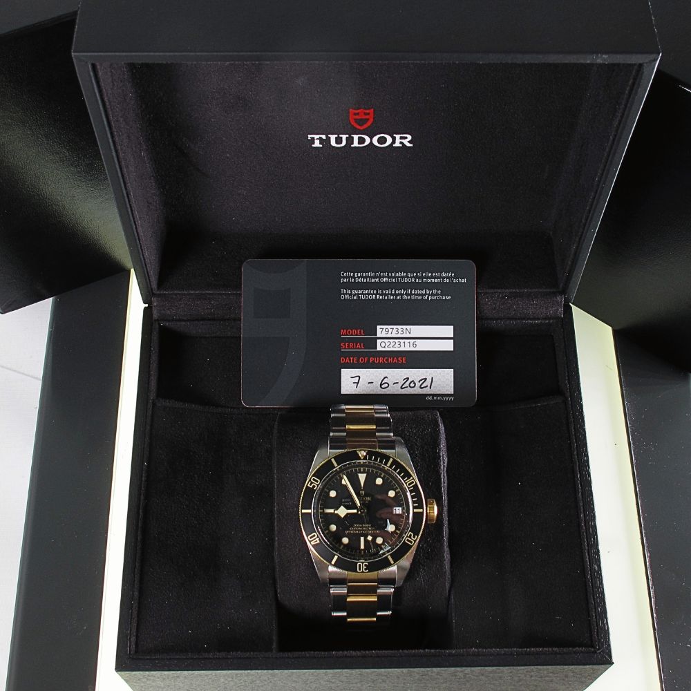 Pre-Owned Tudor 41MM Black Bay (2021) Two Tone Watch Model 79733N b and p inside