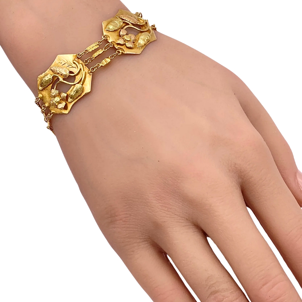 Victorian Arts & Crafts Bracelet 18K Tri-Gold worn Victorian Arts & Crafts Bracelet 18K Tri-Gold worn