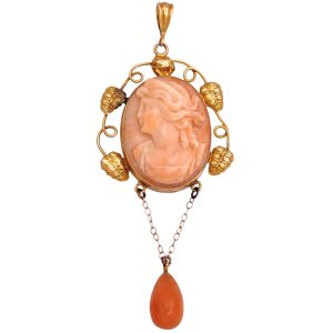 Victorian Era Coral Cameo Lavaliere Pendant 14K Gold