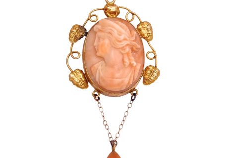 Victorian Era Coral Cameo Lavaliere Pendant 14K Gold