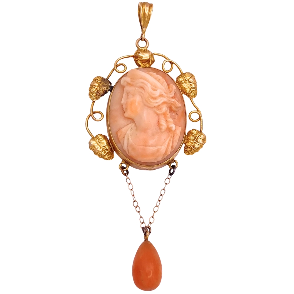 Victorian Era Coral Cameo Lavaliere Pendant 14K Gold