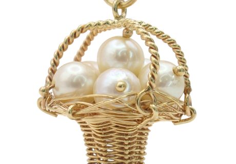 Vintage Cultured Pearl Basket Charm 14K Gold Three-Dimensional front